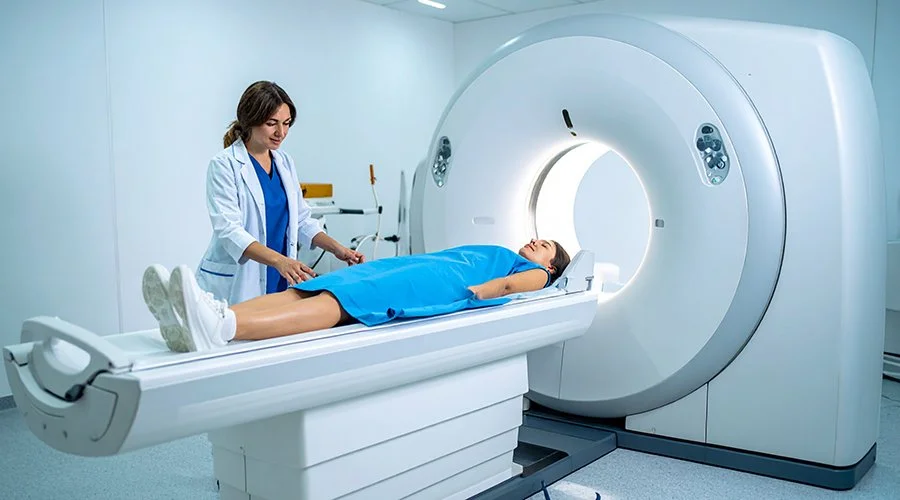A woman lying on an MRI scanner table with a technician standing beside her in a medical imaging room.