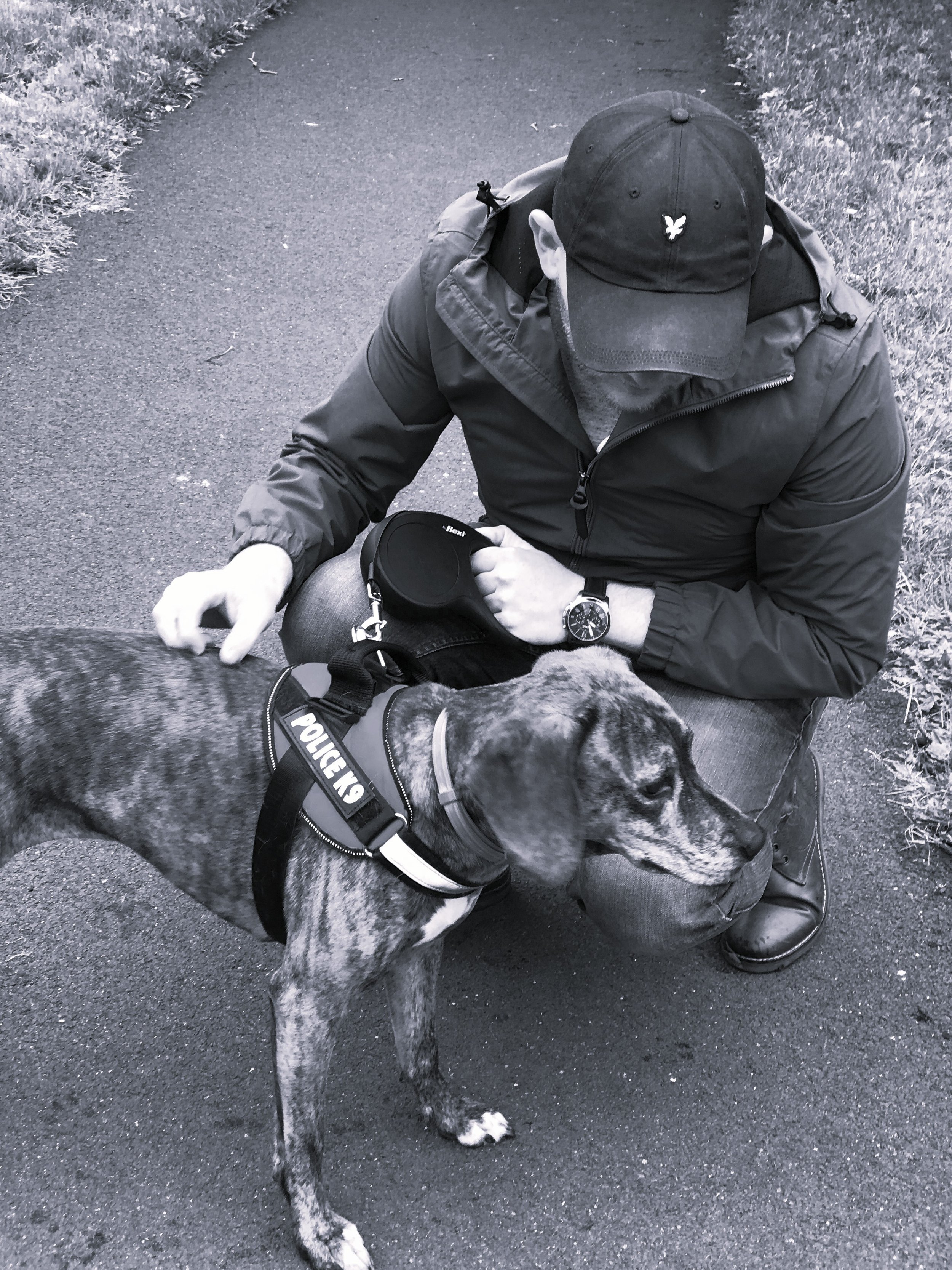 A man in dark clothing and a cap, sitting on a path with a police dog in front of him. The man is holding a retractable leash, and the dog is wearing a harness labeled 'POLICE K9'.