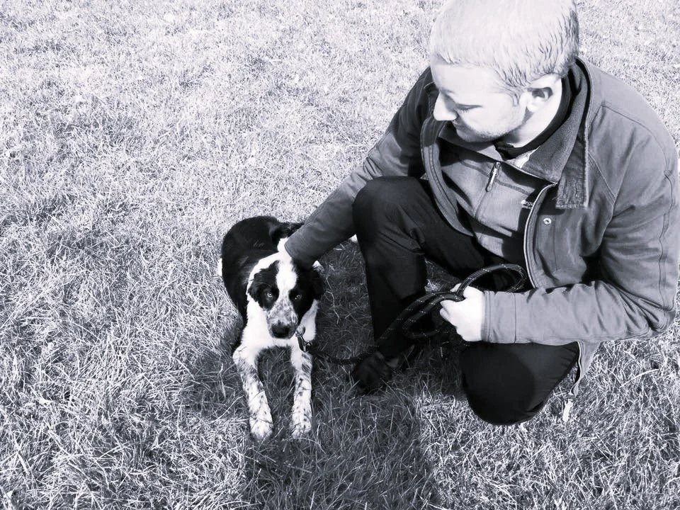 A man kneeling on the grass with a black and white dog, petting its head.