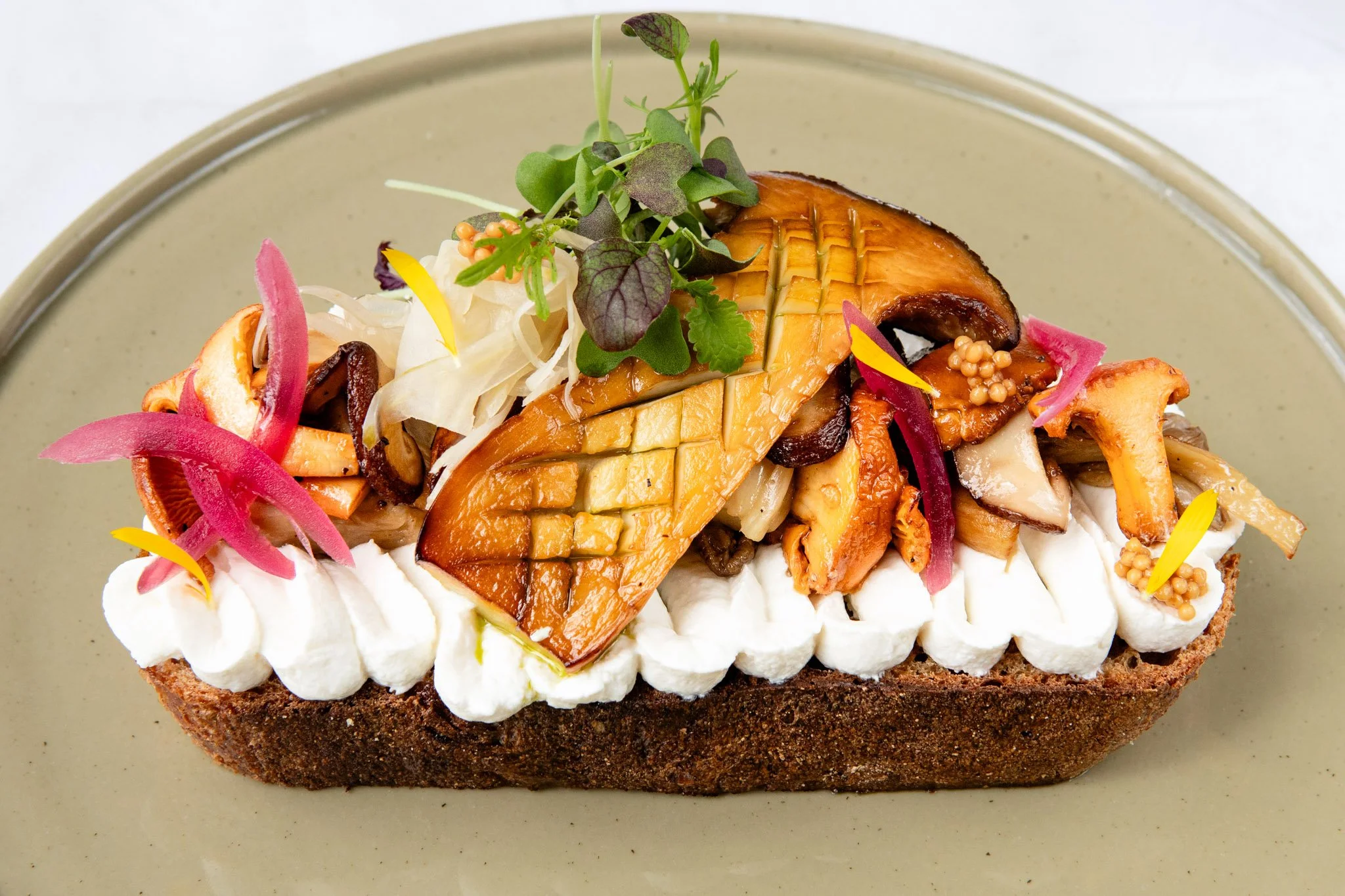 Mushroom toast topped with grilled vegetables, microgreens.