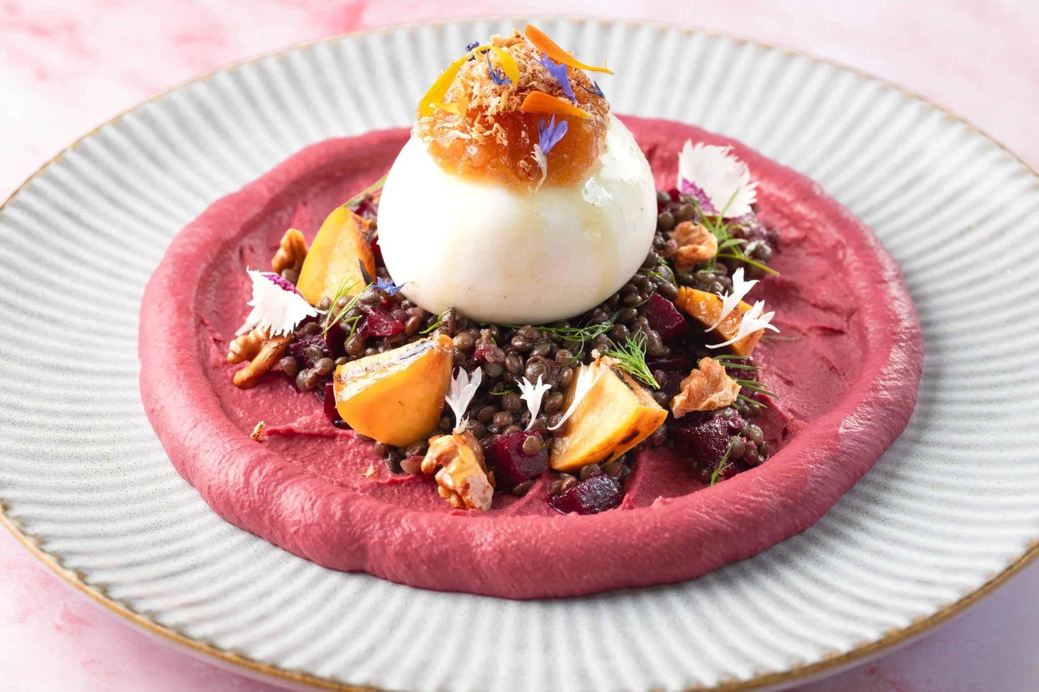 Burrata beluga lentils with roasted vegetables, walnuts.