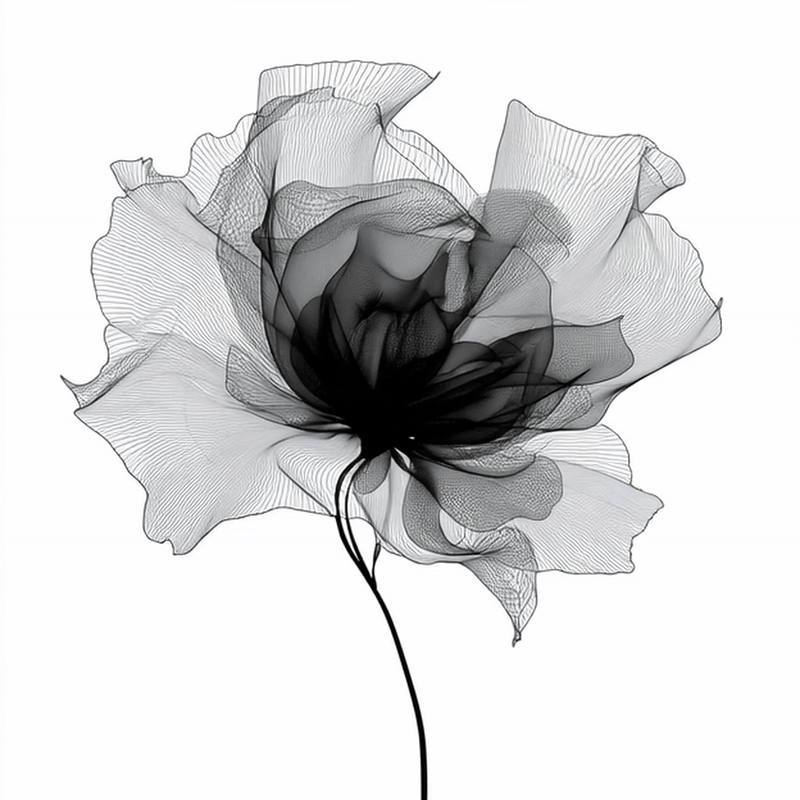 Abstract black and white flower illustration with delicate, flowing lines and soft shading.