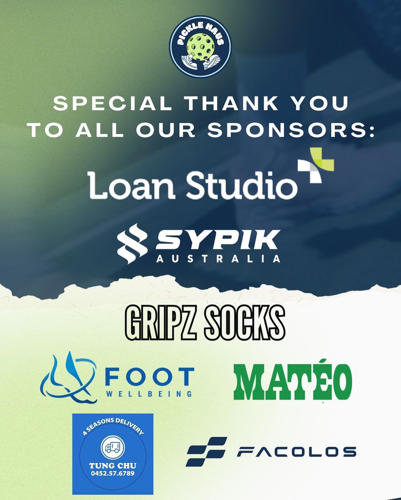 A MASSIVE THANK YOU to all our sponsors for your support and for helping to make Pickle Haus Mad Madness Tournament come alive! 

We are grateful for your support and the love you have for our community! 
 
@loanstudio_au 
@sypik.australia 
@gripz_so