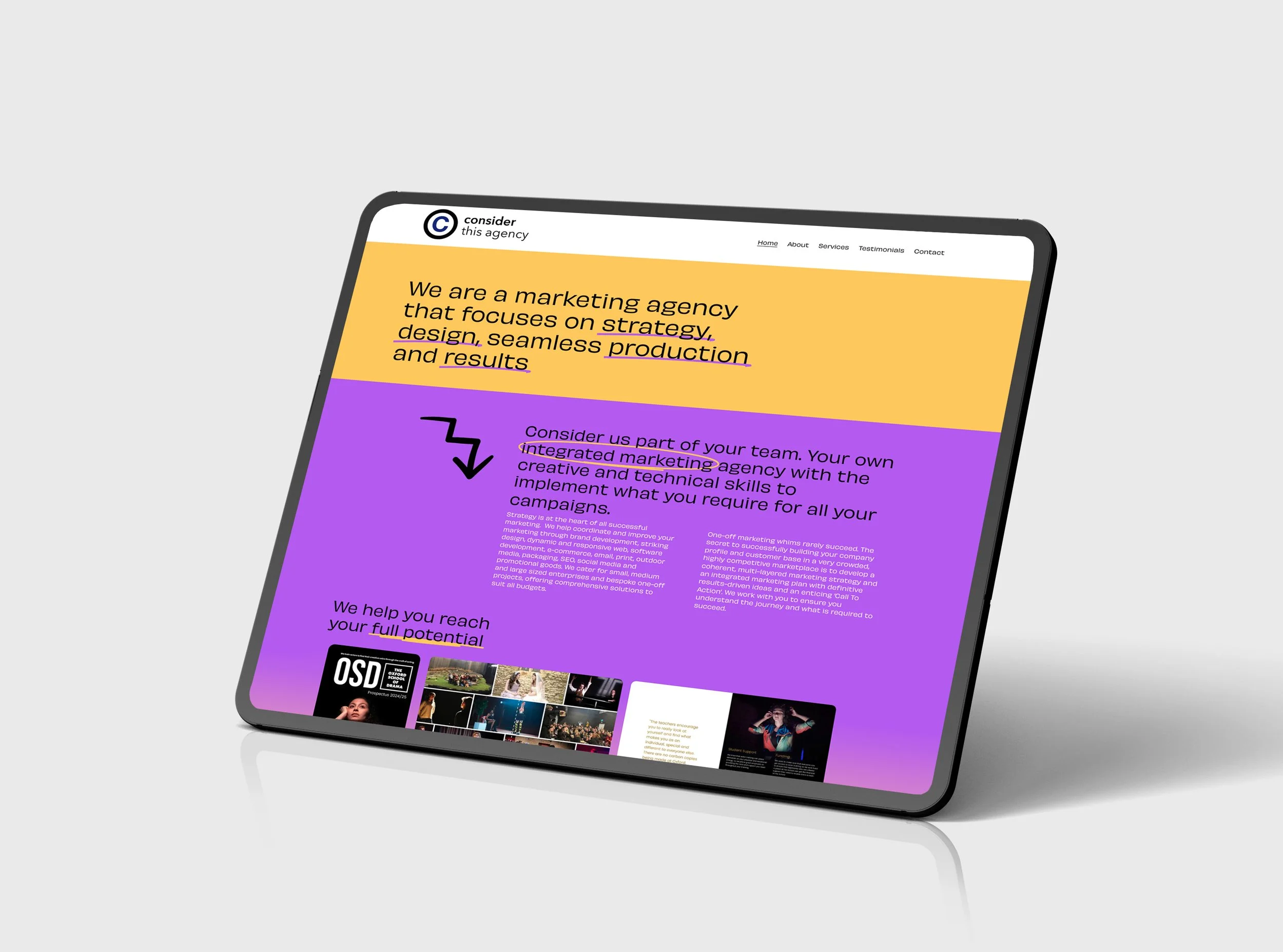 A website homepage for a marketing agency called Consider, displayed on a tablet, with colorful sections and images of various projects and services.