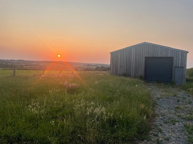 Sunset over a rural field with a wooden shed on the right side and a gravel path leading to it.