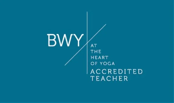 Blue background with white text reading 'BWY at the heart of yoga accredited teacher'.