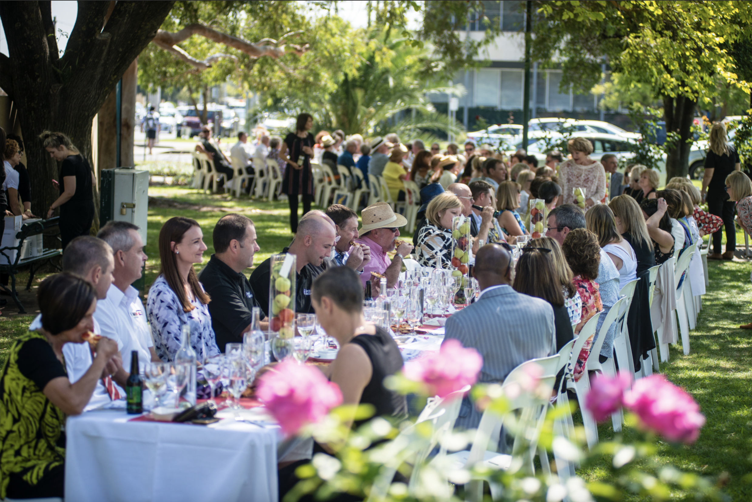 A happy crowd sit at a very long dining table in an outdoor park