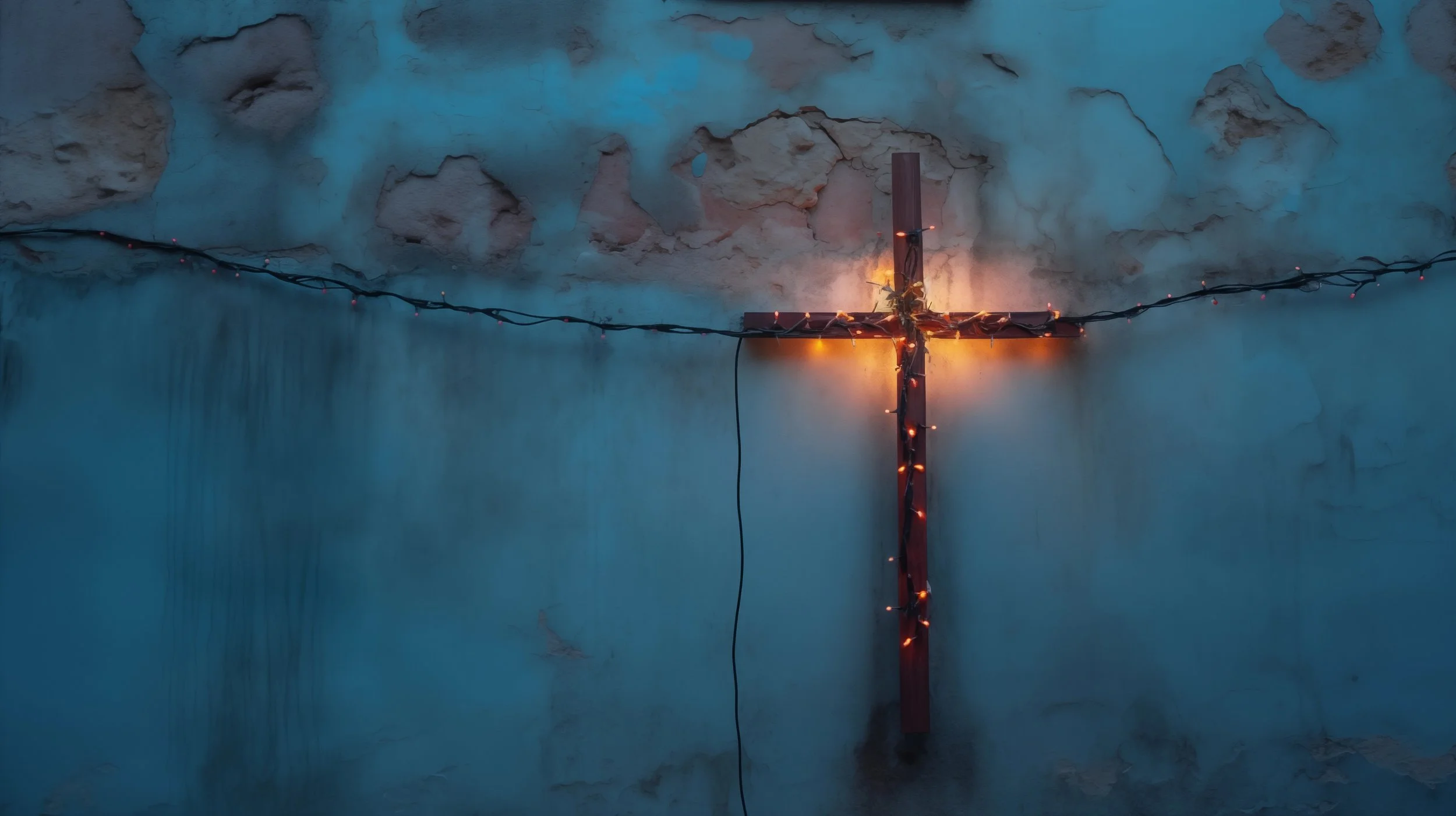 A wooden cross with orange lights wrapped around it, mounted on a wall with peeling blue paint, illuminated by a warm glow. String lights stretch horizontally across the wall.