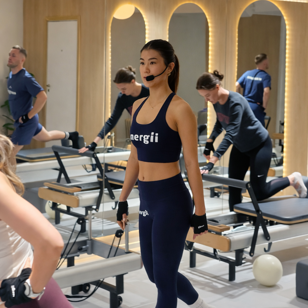 A woman with dark hair in a ponytail, wearing a white tank top, gray leggings, and white socks, kneeling on a Pilates reformer machine, adjusting the straps in a fitness studio with multiple reformers and large windows.