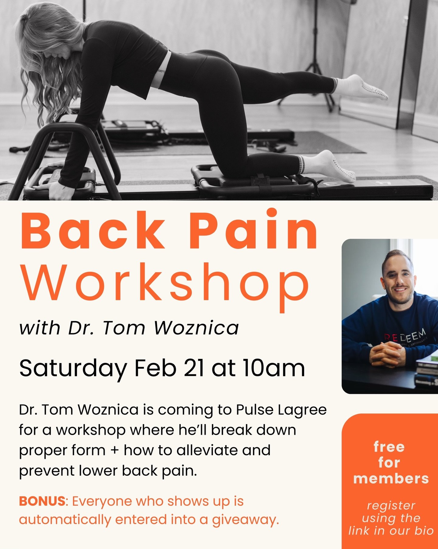 We want you moving strong and pain-free ⚡️ 
Dr. Tom Woznica is joining us at Pulse Lagree to teach proper form and back pain prevention in this FREE workshop.

Save your spot + bring a friend 🤍

🗓 Feb 21 | 10am