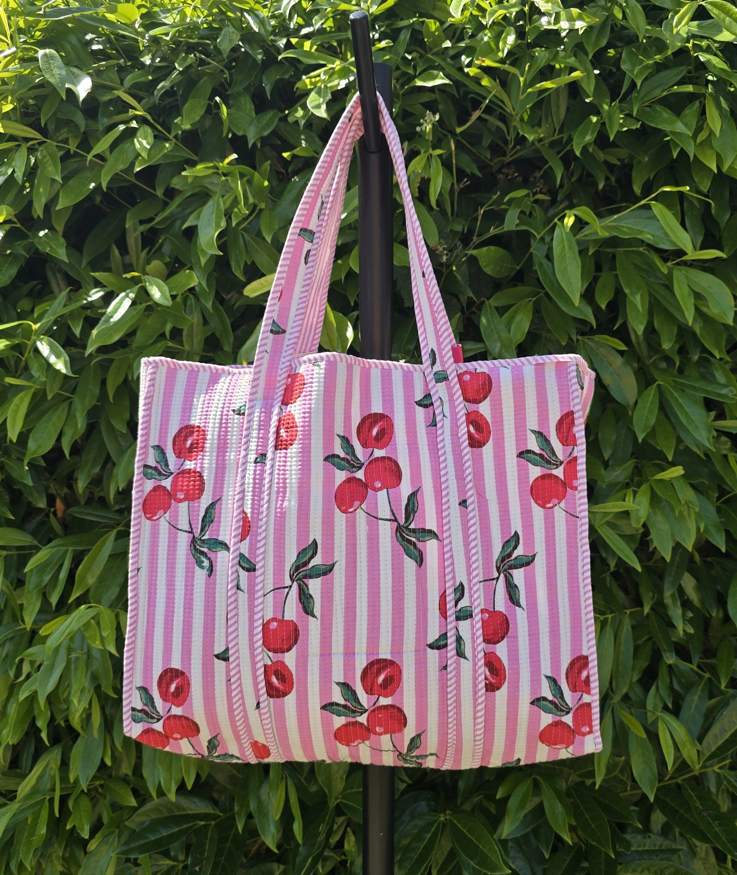 Reversible Kantha Quilted LARGE Tote (CHERRY on Pink stripe)