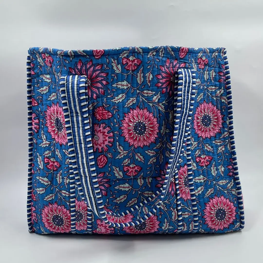 Reversible Kantha Quilted EXTRA LARGE Tote (FLORISH Pink on Blue)