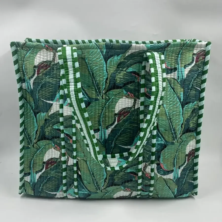 Reversible Kantha Quilted Boho Tote (green leaf) - Large