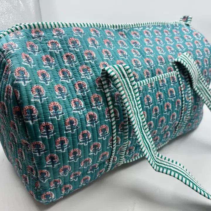 Kantha Quilted DUFFEL (CARNATION Pink on Teal)