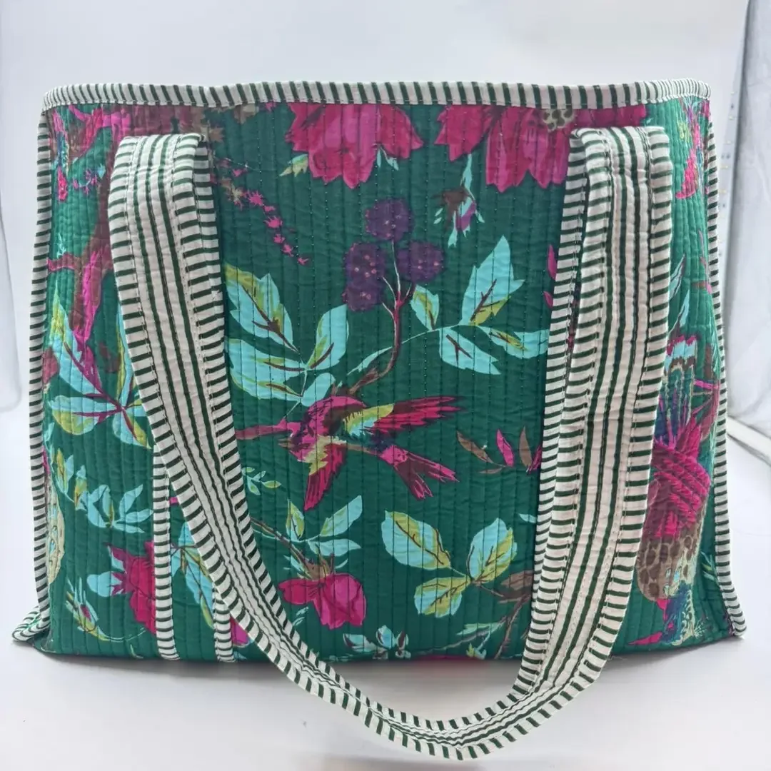 Reversible Kantha Quilted Boho Tote (teal bird) - Large
