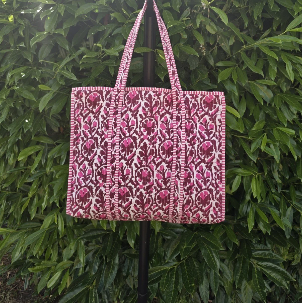 Reversible Kantha Quilted LARGE Tote (CORAL on Raspberry)