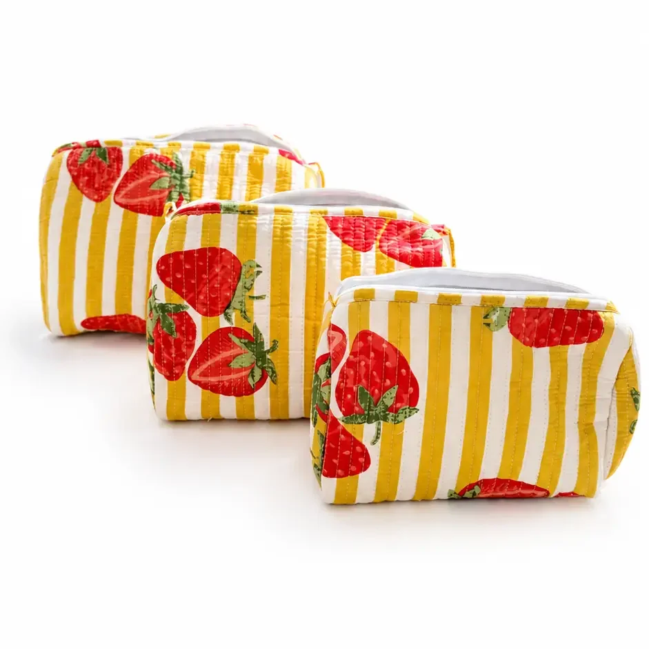 Cotton Quilted Washbag (Strawberries on Yellow stripe) - 3 sizes