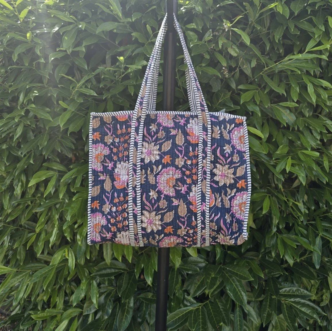 Kantha Quilted LARGE Tote with ZIP (DIANTHUS on Navy)