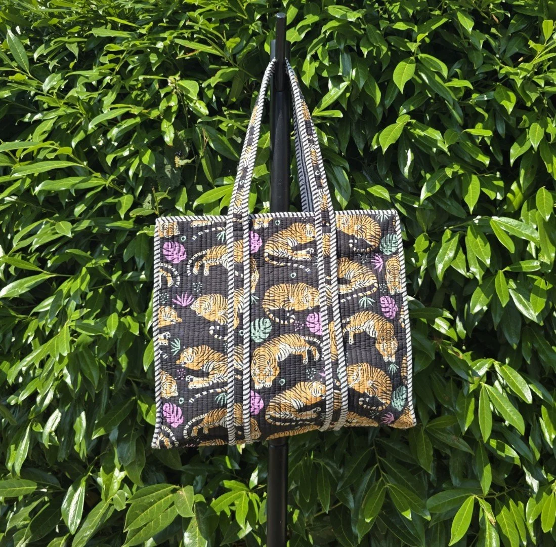 Reversible Kantha Quilted MEDIUM Tote (SLEEPY TIGER on Black)