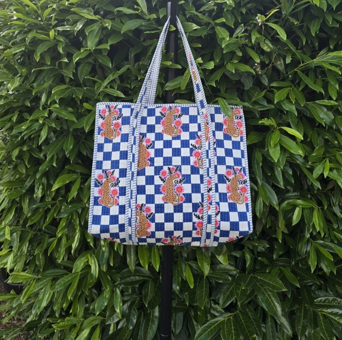 Reversible Kantha Quilted LARGE Tote (CHEETAH on Chequer)