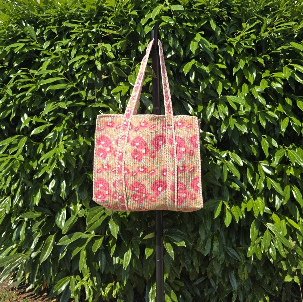 Reversible Kantha Quilted LARGE Tote (BLOOM Pink on Peach)