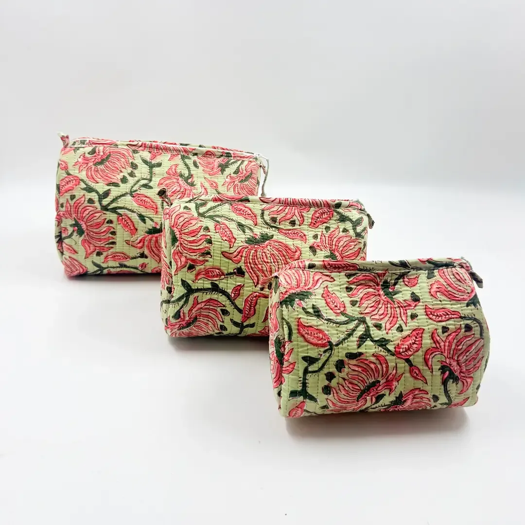 Cotton Quilted Washbag (HONEYSUCKLE Orange on Pale Green ) - 3 sizes