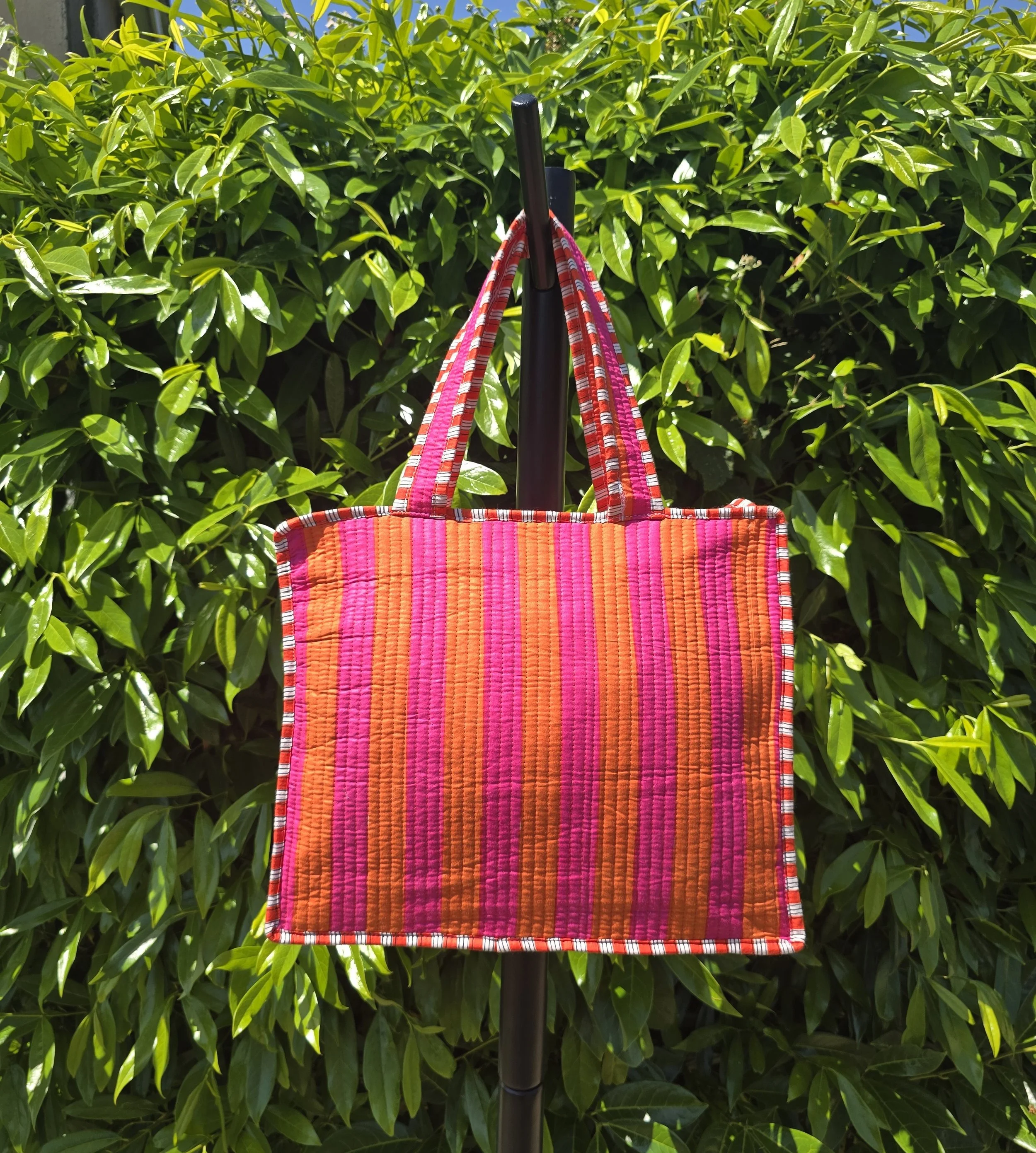 Kantha Quilted MINI Tote with ZIP (STRIPE Orange & Pink)