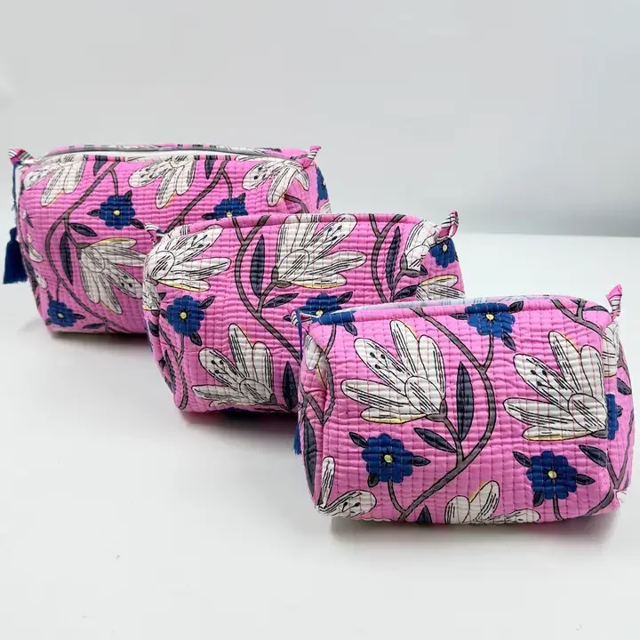 Cotton Quilted Washbag (Pink & White floral) - 3 sizes
