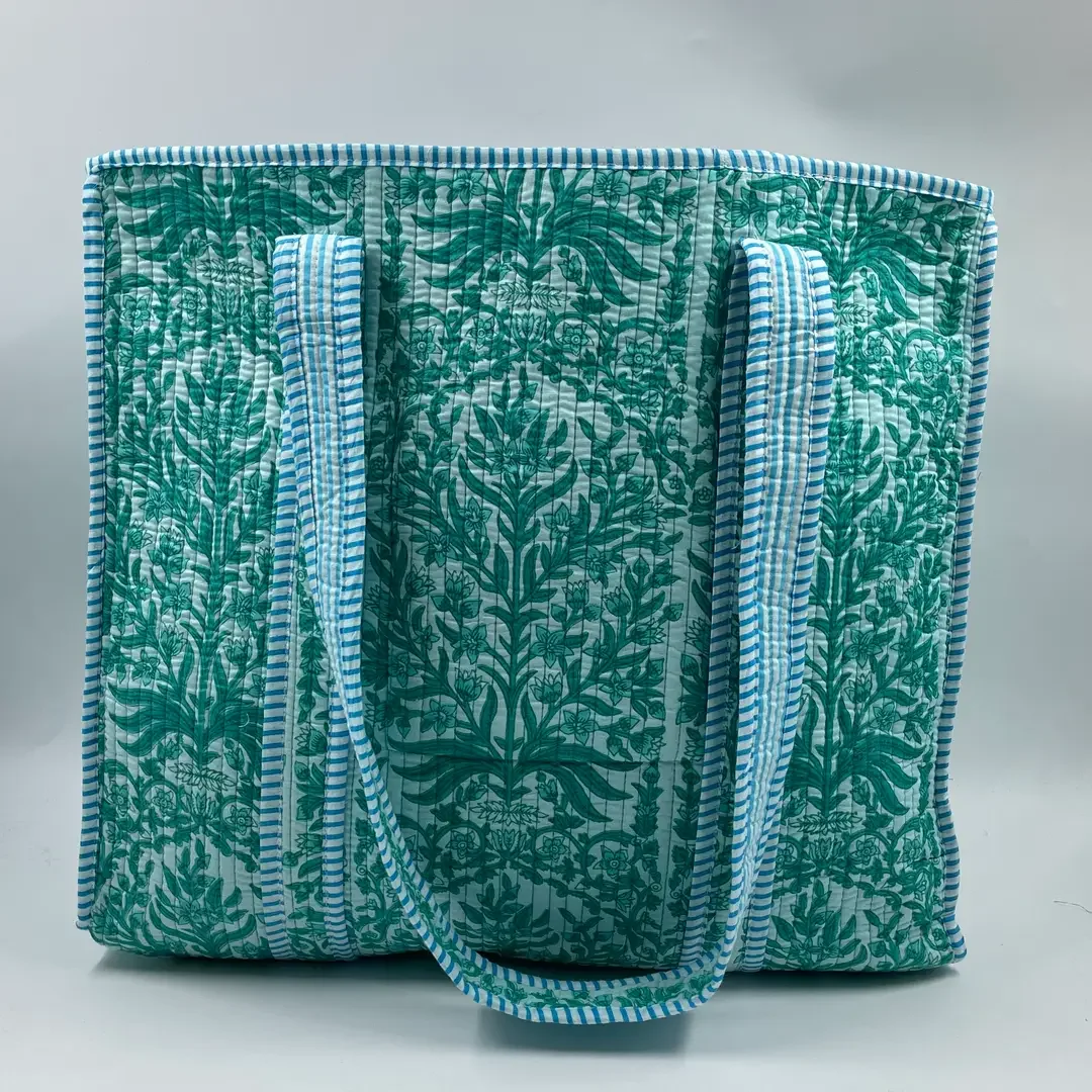 Reversible Kantha Quilted Boho Tote (blue/teal) - Large