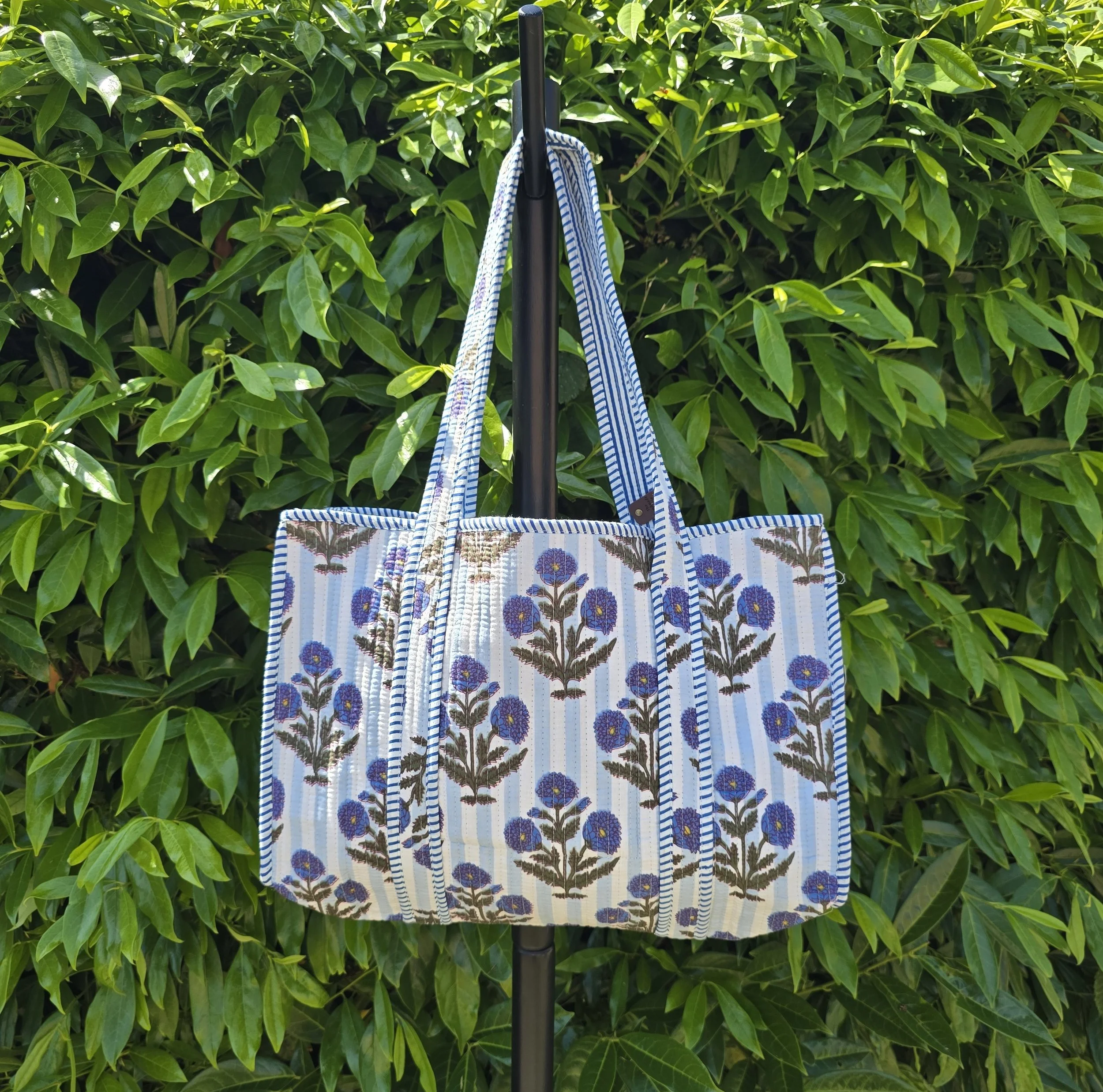 Kantha Quilted SMALL Tote (THISTLE Blue on Stripe)