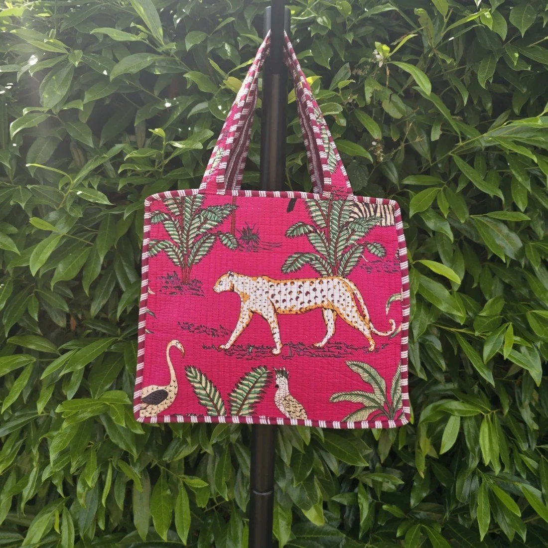 Kantha Quilted MINI Tote with ZIP (JUNGLE on hot pink)
