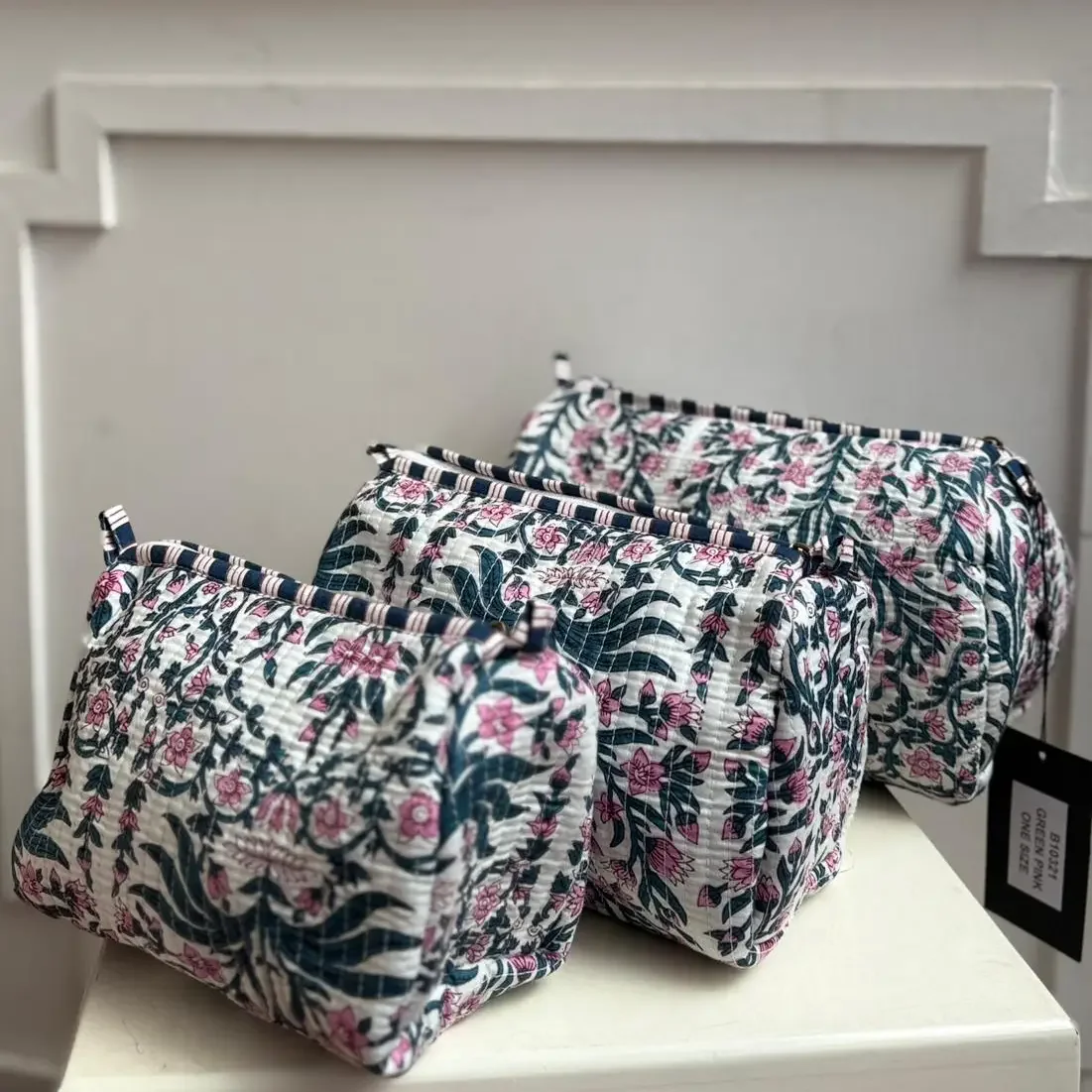 Cotton Quilted Washbag (VICTORIA Petrol on white) - 3 sizes