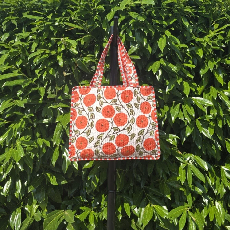 Kantha Quilted MINI Tote with ZIP (DAHLIA Orange on White)