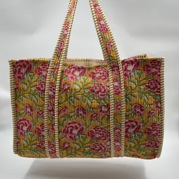 Reversible Kantha Quilted Boho Tote (yellow/pink/floral) - Large