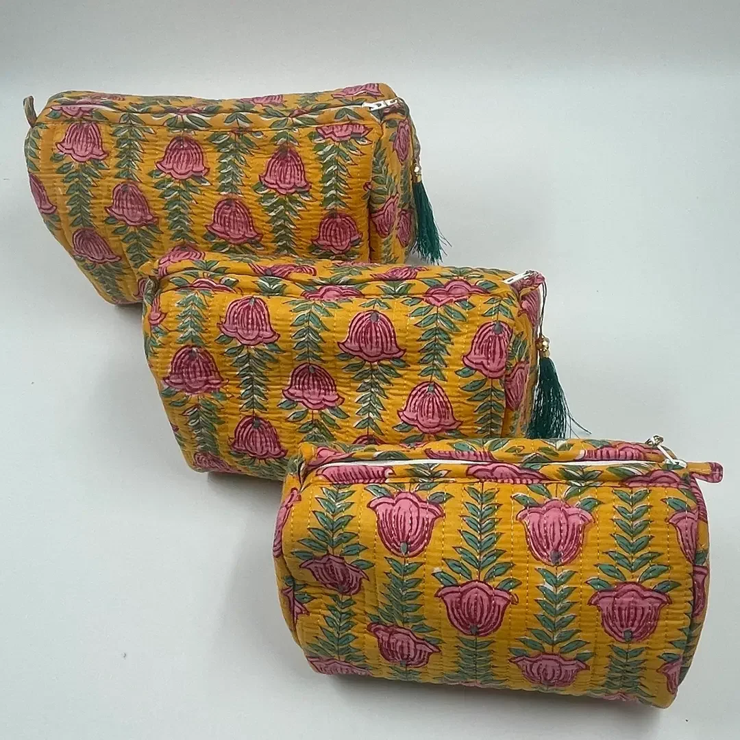 Cotton Quilted Washbag (BELLE on Yellow) - 3 sizes