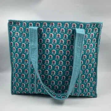 Reversible Kantha Quilted Boho Tote (teal/pink/floral) - Large