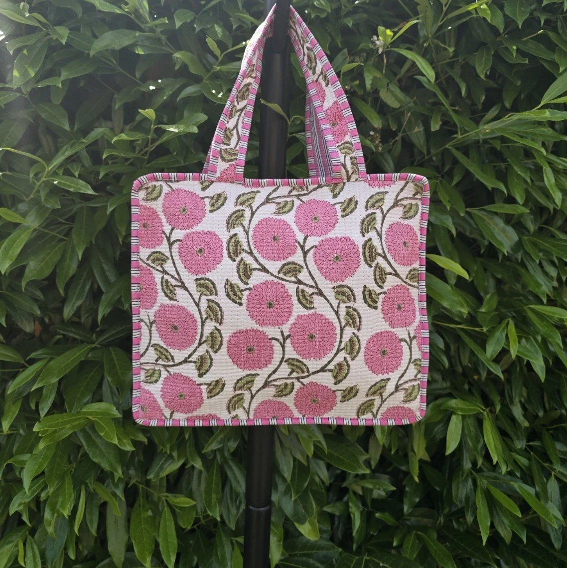 Kantha Quilted MINI Tote with ZIP (DAHLIA Pink on White)