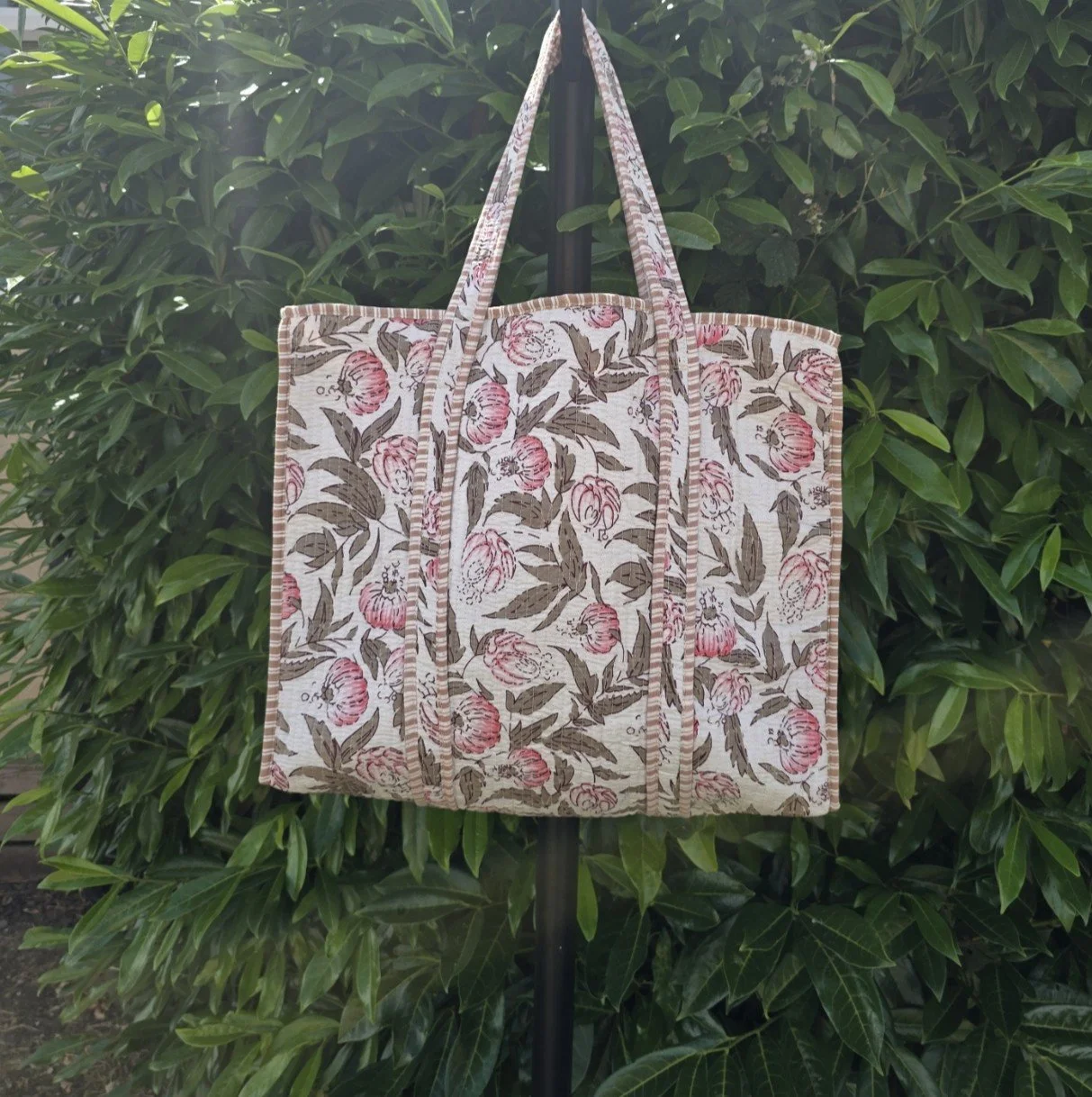 Reversible Kantha Quilted LARGE Tote (PEONY Pink on Cream)