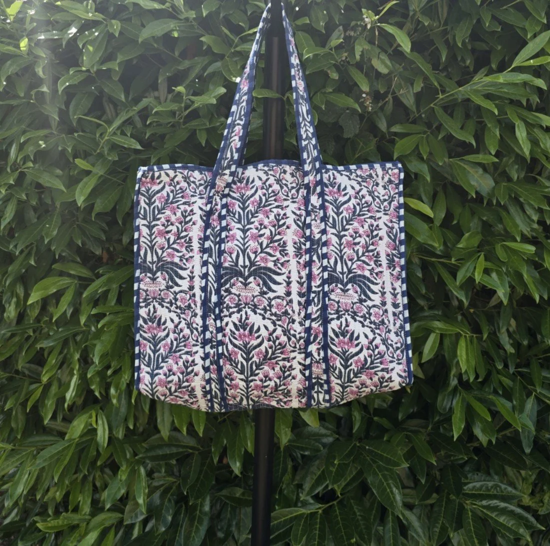 Reversible Kantha Quilted LARGE Tote (VICTORIA Petrol & Pink on White)