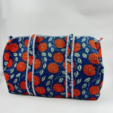 Kantha Quilted Boho Duffle (blue/orange/floral)