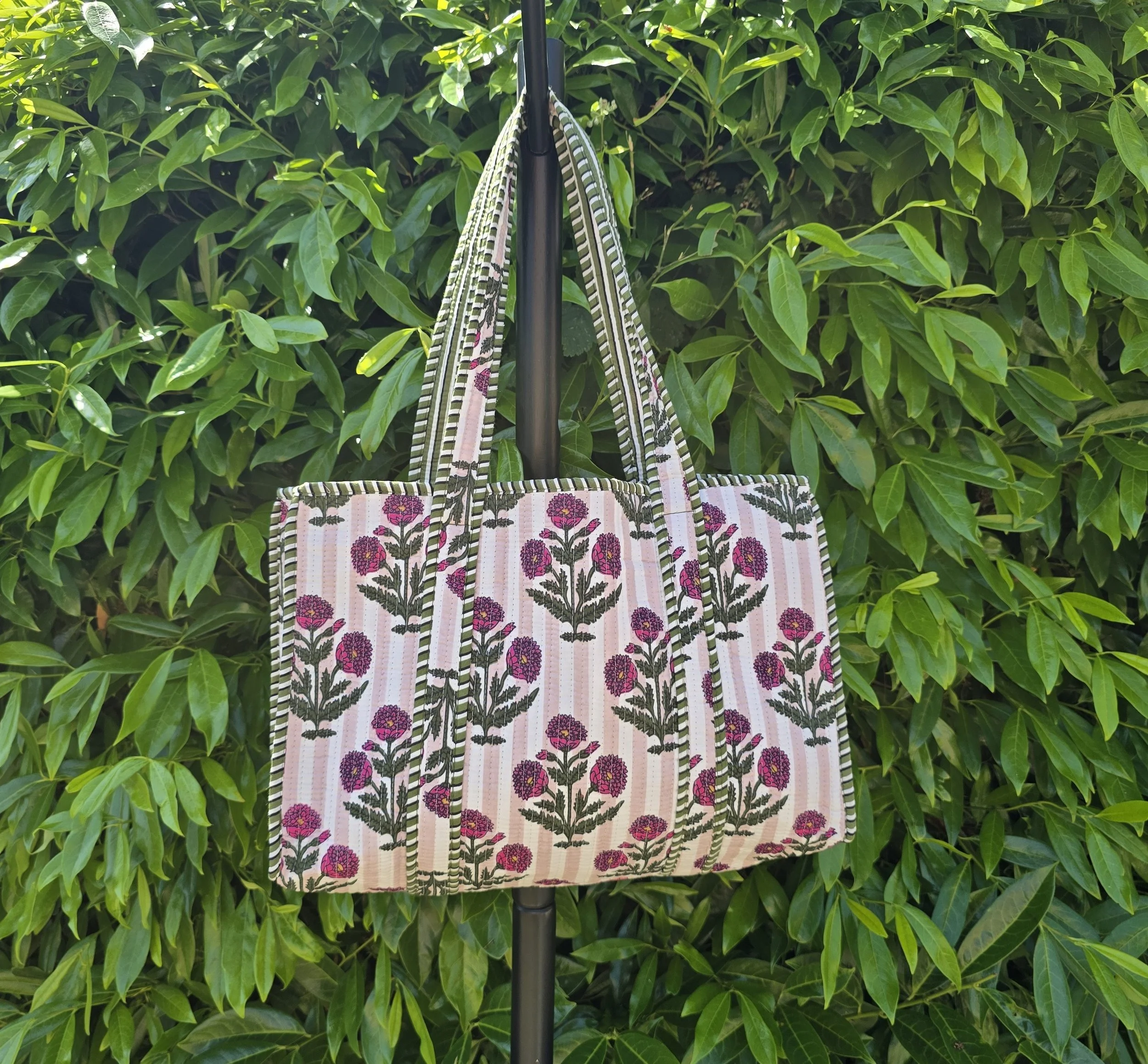 Reversible Kantha Quilted SMALL Tote (THISTLE Pink on stripe)