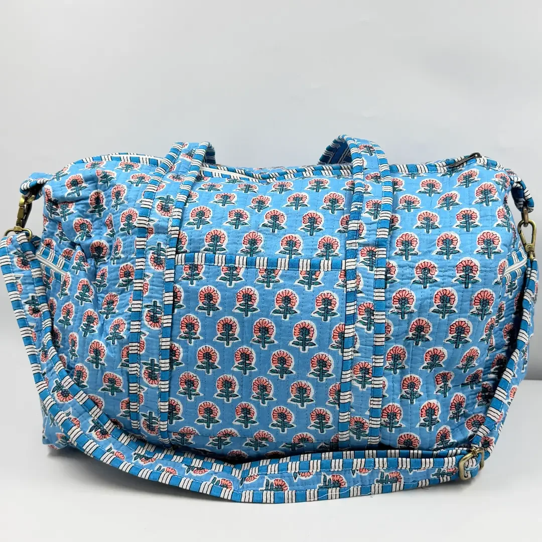 Kantha Quilted DUFFEL (CARNATION Pink on blue)