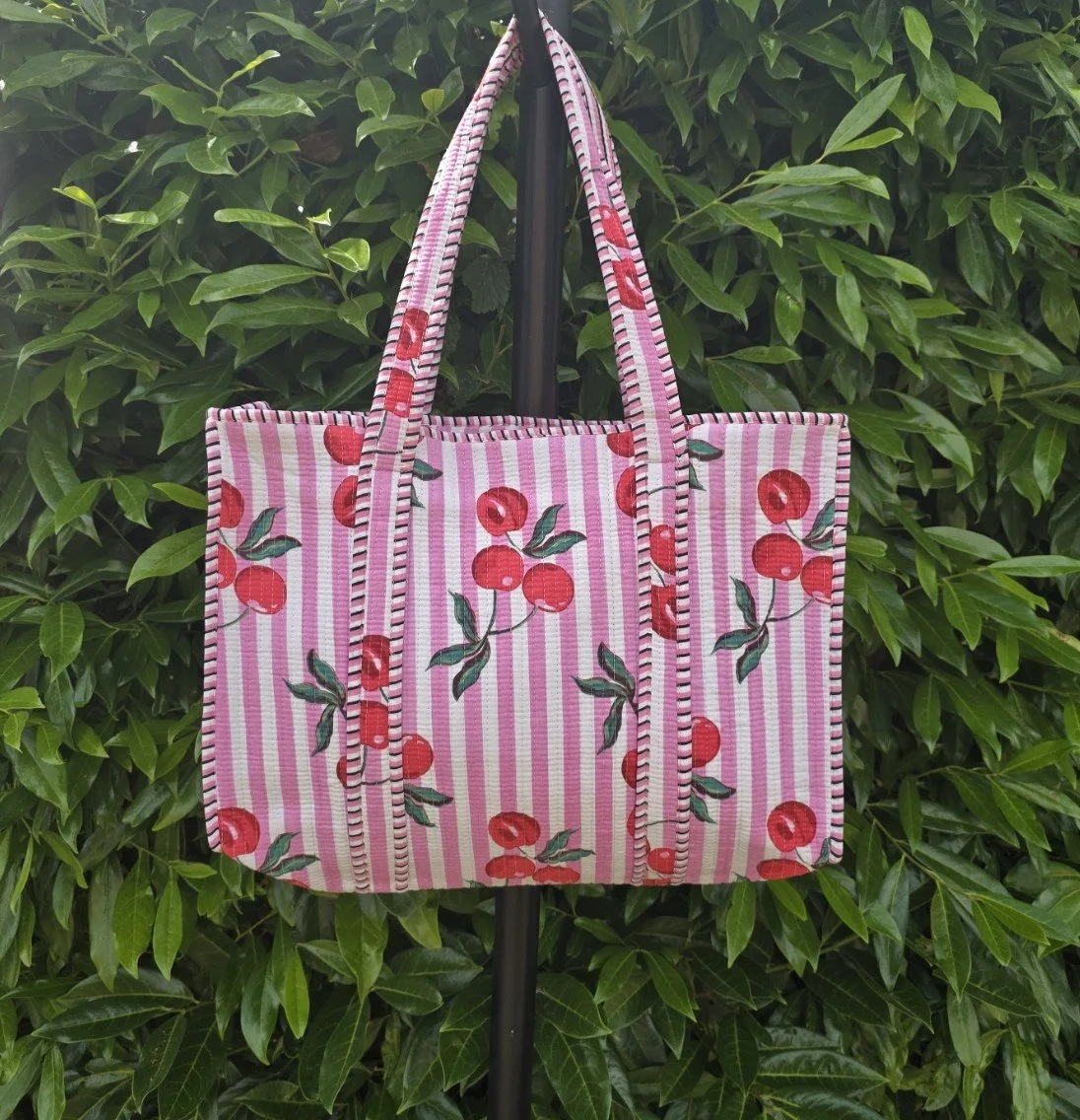 Kantha Quilted SMALL Tote with ZIP (CHERRY on Pink stripe)