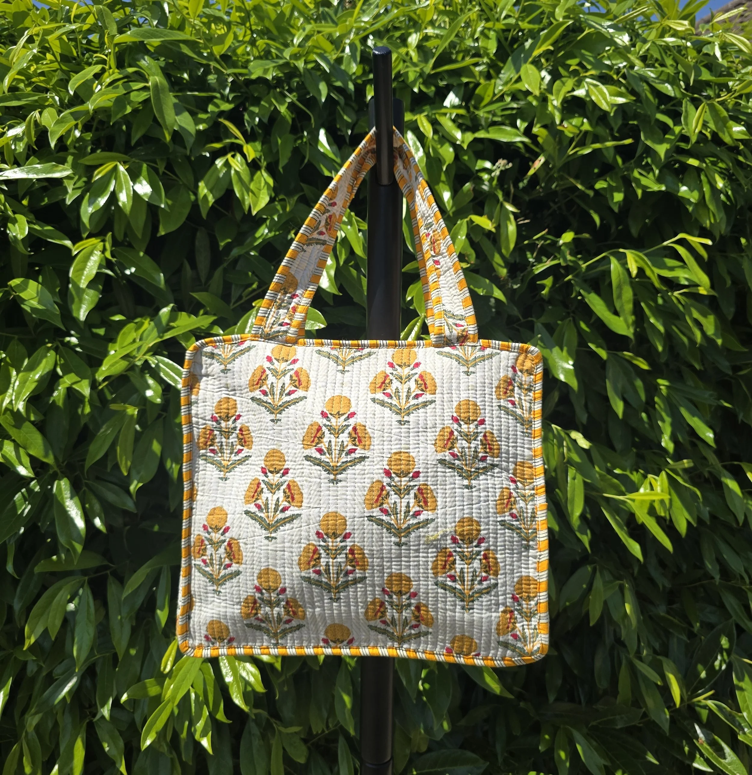 Kantha Quilted MINI Tote with ZIP (MARIGOLD on white)