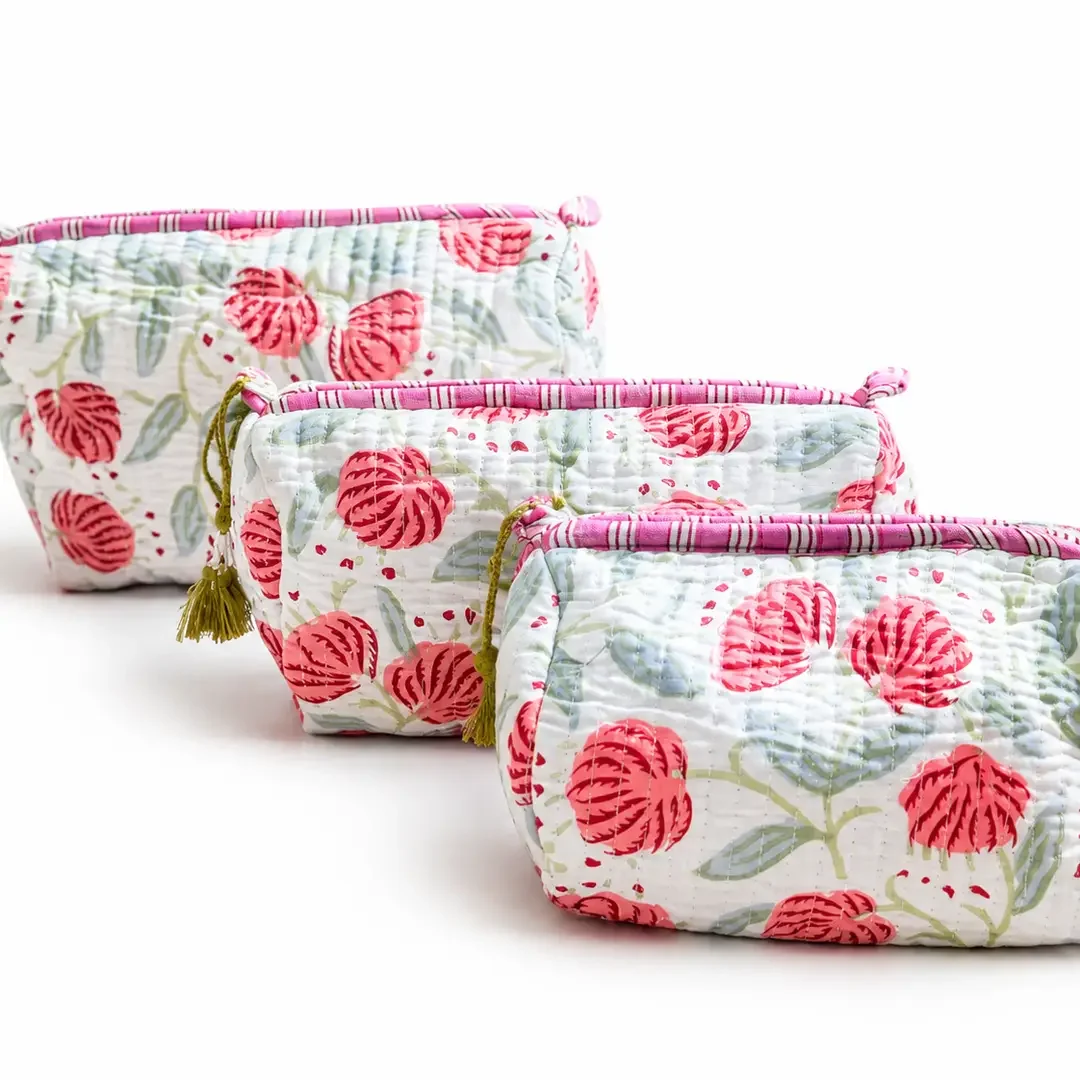 Cotton Quilted Washbag (ZINNIA on White) - 3 sizes