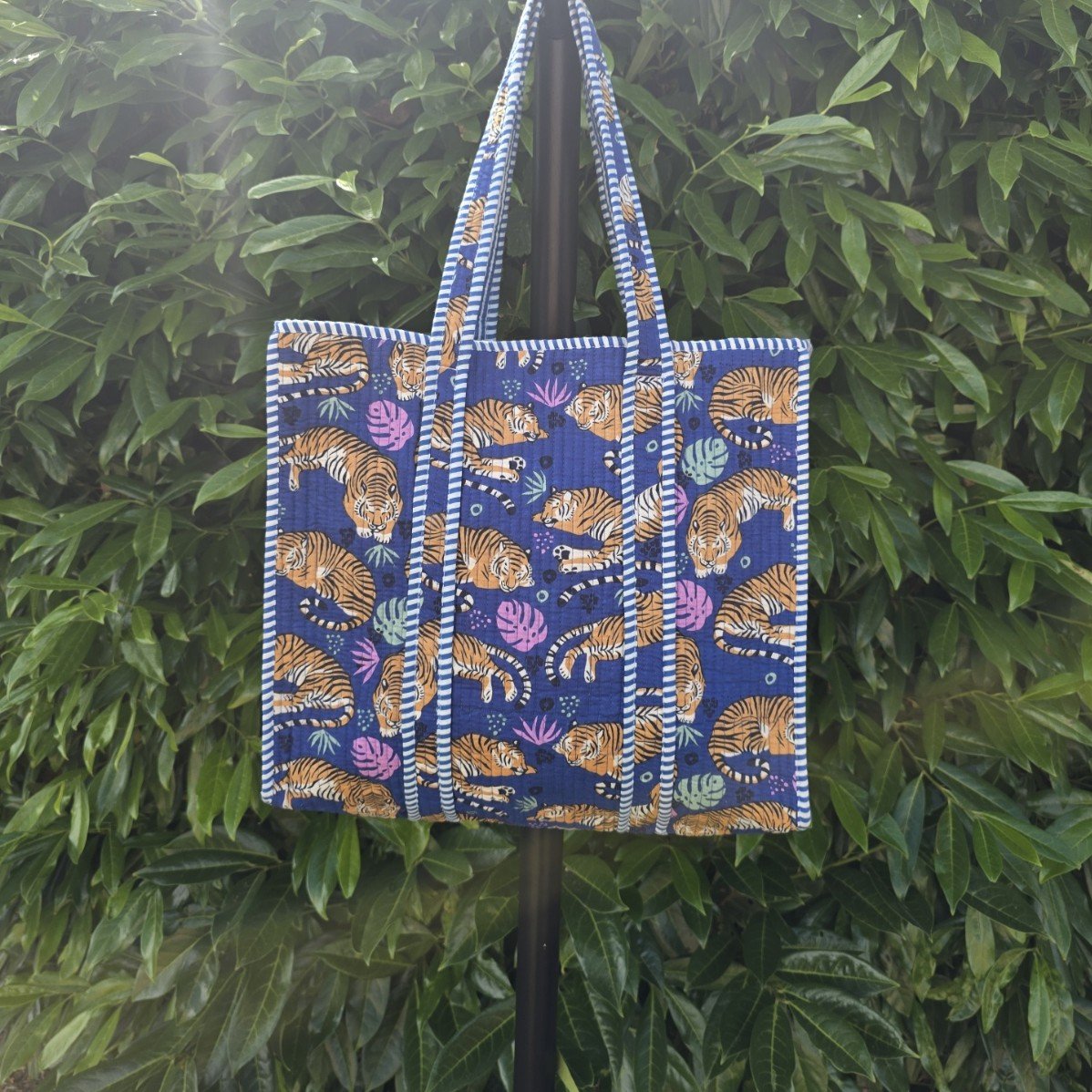 Reversible Kantha Quilted MEDIUM Tote (SLEEPY TIGER on Blue)