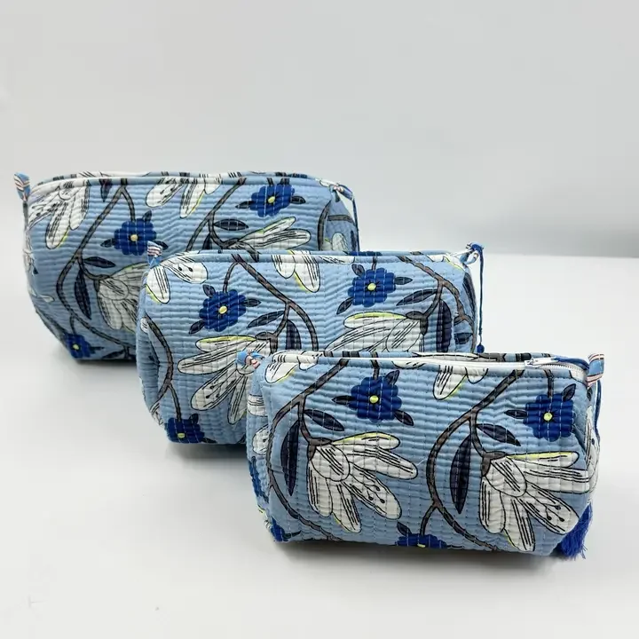 Cotton Quilted Washbag (Blue & White floral) - 3 sizes