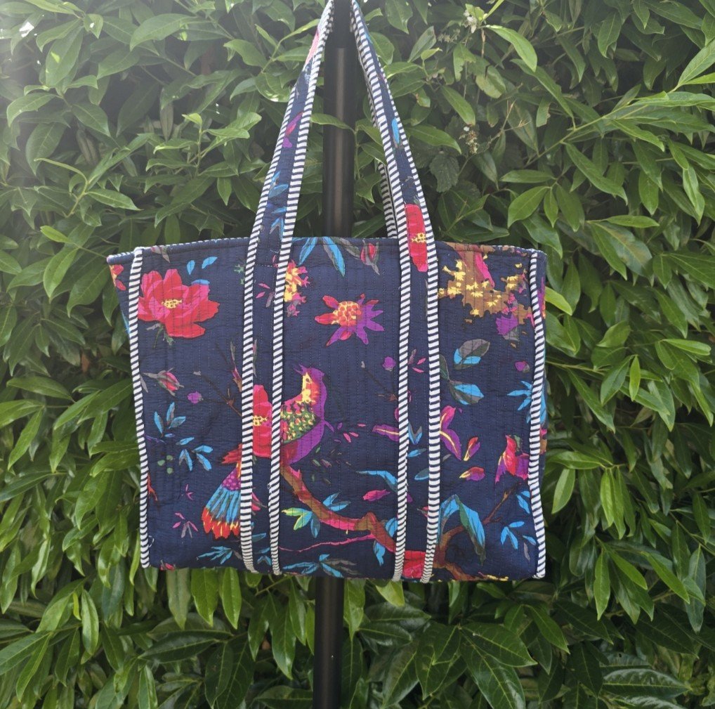 Reversible Kantha Quilted LARGE Tote (PARADISE on Navy)