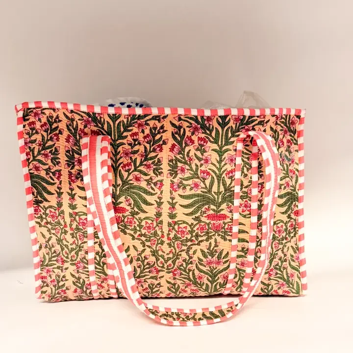 Reversible Kantha Quilted Boho Tote (pink/yellow/floral) - Small