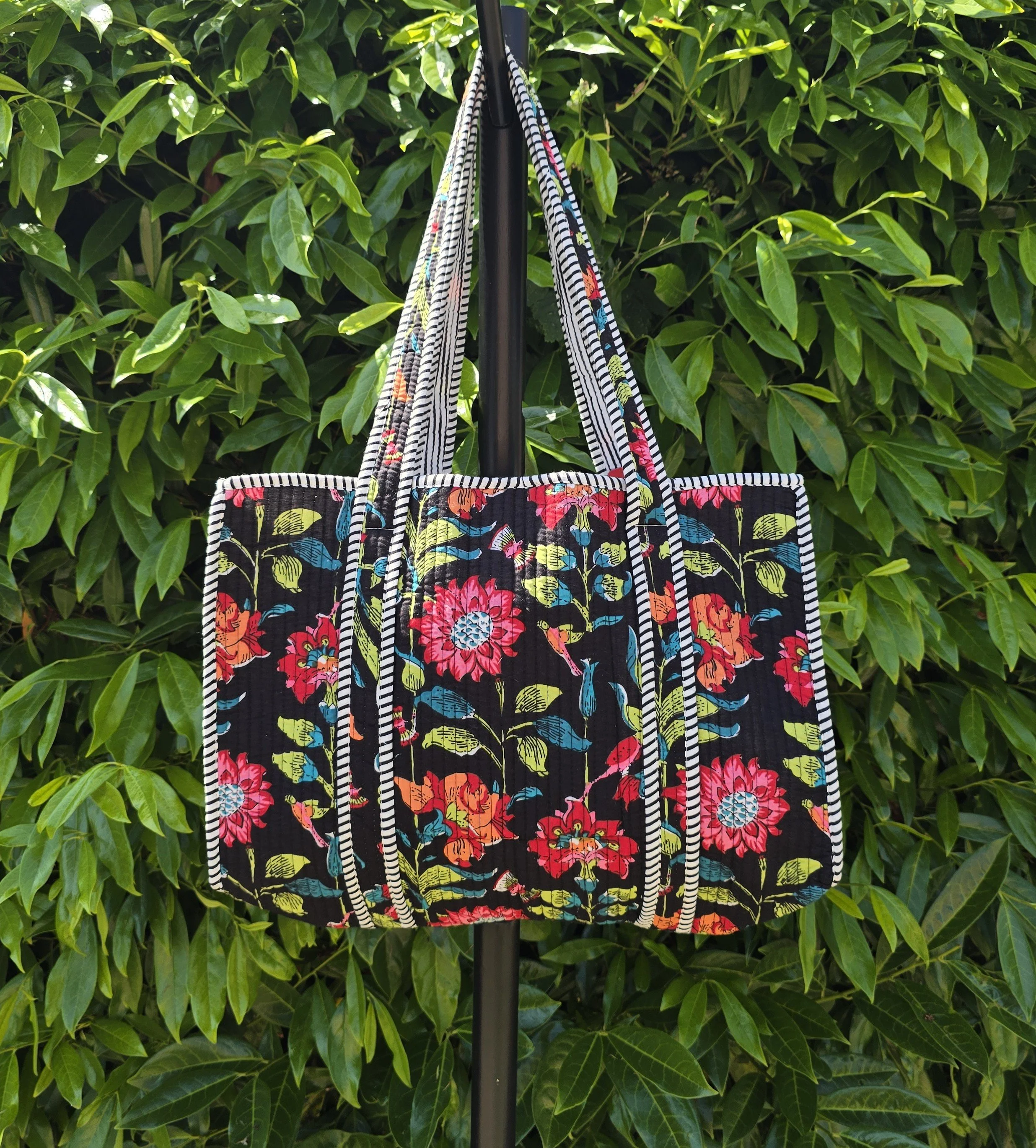 Reversible Kantha Quilted SMALL Tote (Black Floral)